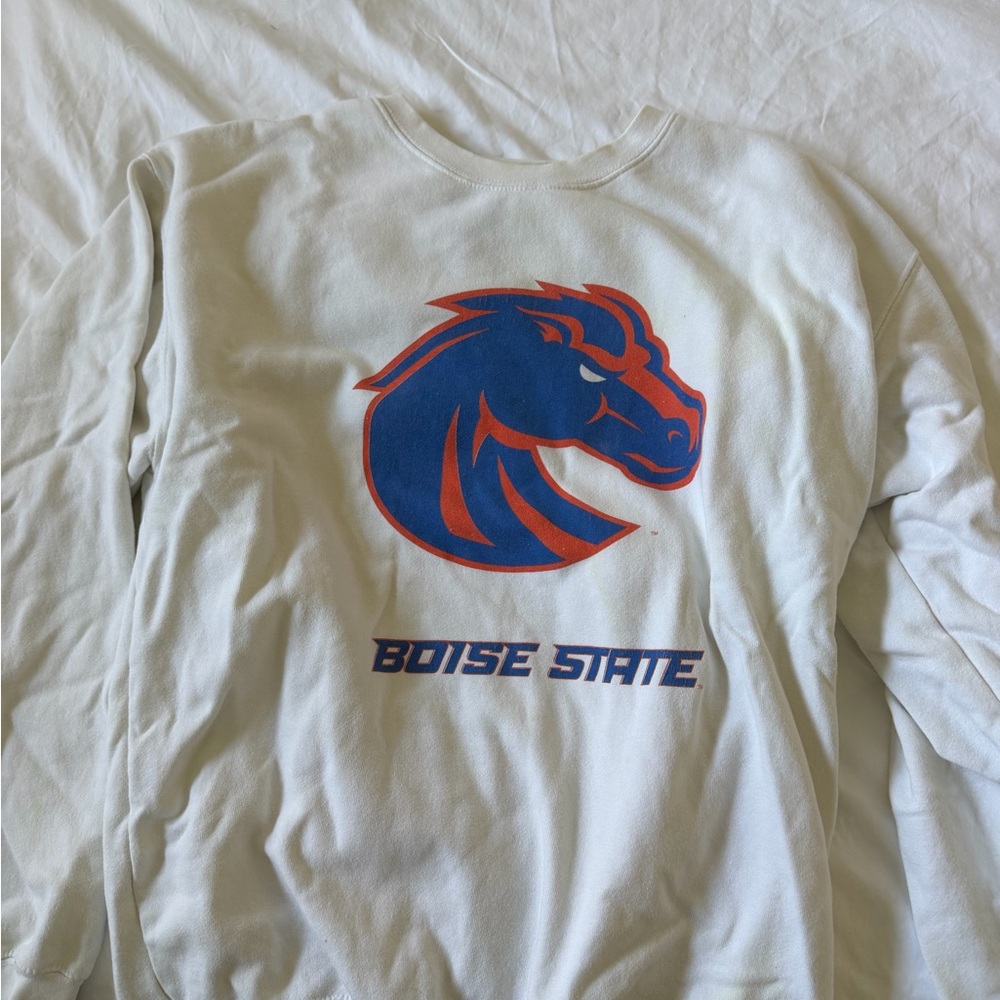 Boise State Broncos White Crewneck Sweatshirt with Blue & Orange Logo